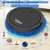 A black robotic floor cleaner with a blue mop pad is shown on a light-colored floor, surrounded by circular icons illustrating various types of debris and germs it can clean. Produktbild-Vorschau