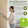 A woman is cleaning a wooden slatted wall panel with a cloth. There are marketing icons and text highlighting product features. Náhľad obrázku produktu
