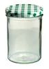 A clear studio shot of an empty glass jar with a green and white checkered lid. Produktbild-Vorschau
