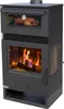 A black wood-burning stove with a glass door showing flames and a glass oven compartment above with a roasted chicken inside. Produktbild-Vorschau