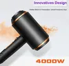 A close-up marketing image of a black hairdryer with gold accents, with orange powder or dust effects emanating from it. Produktbild-Vorschau
