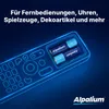 A close-up of a remote control with two AA batteries inserted, with neon blue outlines highlighting the remote and batteries. Produktbild-Vorschau