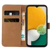 A brown flip-case wallet for a smartphone, with a smartphone inserted. The wallet has slots for cards and cash. Produktbild-Vorschau