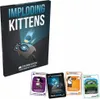 A box of the Imploding Kittens card game expansion is shown, along with four of the game cards spread out in front of it. Produktbild-Vorschau