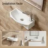 Collage of images showing a small white wall-mounted sink with a chrome faucet, installed in a bathroom setting with tiled walls. Produktbild-Vorschau