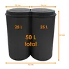 Two black trash bins shown side-by-side with dimensions indicated. Voir les images du produit