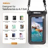 A waterproof phone pouch with a phone inside showing a surfer. The pouch is shown with a strap and a list of compatible phones. Produktbild-Vorschau