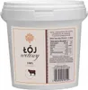 A white plastic tub of beef tallow with a label showing product details and branding. Produktbild-Vorschau