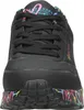 A close-up front view of a black Skechers sneaker with colorful graffiti-style accents on the sole and collar. Voir les images du produit