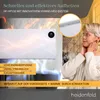 A woman is shown next to a white heater with a digital display, with text overlays describing its features. Produktbild-Vorschau