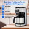 A Medion coffee maker with a thermal carafe is shown on a wooden table, with text detailing its features. Produktbild-Vorschau