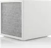 A white cube-shaped speaker with a gray fabric front, shown in a studio setting with a white background and reflection. Produktbild-Vorschau