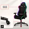 A gaming chair with RGB lighting and a close-up of its wheel and a sound-off icon. Anteprima dell’immagine prodotto