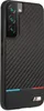 A close-up view of a black smartphone case with a carbon fiber texture and BMW M branding. Anteprima dell’immagine prodotto