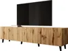 A modern TV stand with a textured wooden finish and black legs, with a television placed on top. Náhľad obrázku produktu