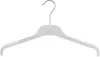 A white plastic clothes hanger with a silver hook against a white background. Produktbild-Vorschau