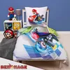 A child's bedroom with a bed decorated with Super Mario Kart bedding and accessories. Produktbild-Vorschau