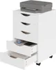 A white rolling storage cabinet with five drawers, topped with a gray printer. Produktbild-Vorschau
