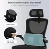 A close-up image showcasing the features of a black office chair, with callouts highlighting its breathable mesh backrest and high-density foam cushion. Produktbild-Vorschau