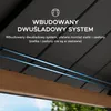 Close-up view of the underside of a dark gray gazebo roof with wooden beams and blue rails, featuring text describing a feature. Náhled obrázku produktu
