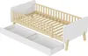 A white and wood children's bed with two drawers underneath, shown from a diagonal angle. Podgląd zdjęcia produktu