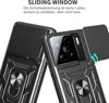 Two black phone cases with camera protection and ring holders are shown, with text describing a sliding window feature. Produktbild-Vorschau