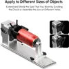 A rotary roller device holding a red can, with inset images showing different jaw configurations. Náhled obrázku produktu