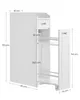 A white narrow cabinet with a drawer and pull-out shelves, featuring measurement labels. Náhled obrázku produktu