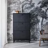 A dark, fluted cabinet stands against a black and white forest-themed wallpaper. A chair with a leopard print cushion is visible to the right. Produktbild-Vorschau