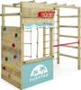 A wooden play structure with various climbing and sporting accessories, set against a white background. Voir les images du produit