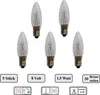 Five clear, candle-shaped light bulbs with silver bases are arranged in a staggered pattern against a white background. Below the bulbs are several rectangular text boxes and icons. Produktbild-Vorschau