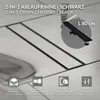 A black drain channel is shown installed in a tiled floor, with various features highlighted by icons and text. Náhľad obrázku produktu