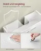 A collage of images showing a white bathroom cabinet, a hand cleaning a surface, and another hand testing the surface with a knife. Produktbild-Vorschau