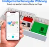 A hand holding a smartphone displaying a floor plan of a house, with a 3D model of the house visible in the background with different rooms highlighted in red and green. Produktbild-Vorschau