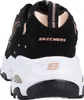The back view of a black Skechers sneaker with rose gold accents. Voir les images du produit