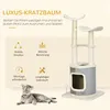 A cat lying on the floor in front of a cat tree with descriptive text and icons. Náhľad obrázku produktu