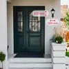 A dark green double door with decorative glass panels and metal grilles, set against a light-colored wall. A black doormat is on the steps. To the right, a black outdoor wall lamp is mounted on the wall, with dimensions indicated by overlays. A white plant Produktbild-Vorschau