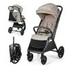 A collage of a beige and black stroller shown in three different states: fully assembled, partially assembled, and folded. Anteprima dell’immagine prodotto