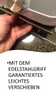A hand is shown holding a stainless steel handle on a kitchen appliance, with text overlay describing the feature. Produktbild-Vorschau