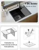 A collage of images showing a black kitchen sink, an illustration of a sink installation, and a diagram of sink installation steps. Anteprima dell’immagine prodotto