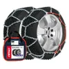A pair of snow chains on tires, with a storage bag in the foreground. Podgląd zdjęcia produktu