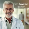 A man in a lab coat smiles at the camera, with text overlay. Produktbild-Vorschau