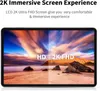 A tablet screen displaying a split image of a beach scene, with one side labeled 'HD' and the other '2K FHD'. Text above describes an immersive screen experience. Produktbild-Vorschau