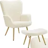 A cream-colored, plush armchair and ottoman with gold legs, presented on a white background. Produktbild-Vorschau