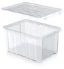 A clear plastic storage box and its lid are shown against a white background. Voir les images du produit
