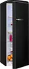 A black retro-style refrigerator with its door slightly ajar, revealing shelves stocked with food items. Produktbild-Vorschau