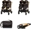 A collage of images showing a double stroller, a diaper bag, and the stroller folded. Produktbild-Vorschau