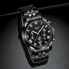 A black metal watch with a black dial is displayed against a dark background. Produktbild-Vorschau