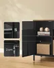 Close-up of an open black metal cabinet with a wooden top, showcasing interior shelves and boxes, with inset diagrams illustrating features. Náhled obrázku produktu