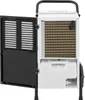The image shows the internal components of a dehumidifier, with the front panel open to reveal the filter and condenser. Podgląd zdjęcia produktu